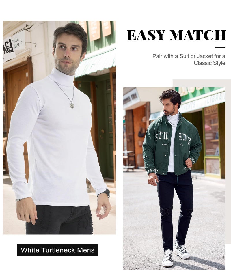 LONGBIDA Men Slim Fit Lightweight Long Sleeve Pullover Top Turtleneck T-Shirt(White,L) - Image 3